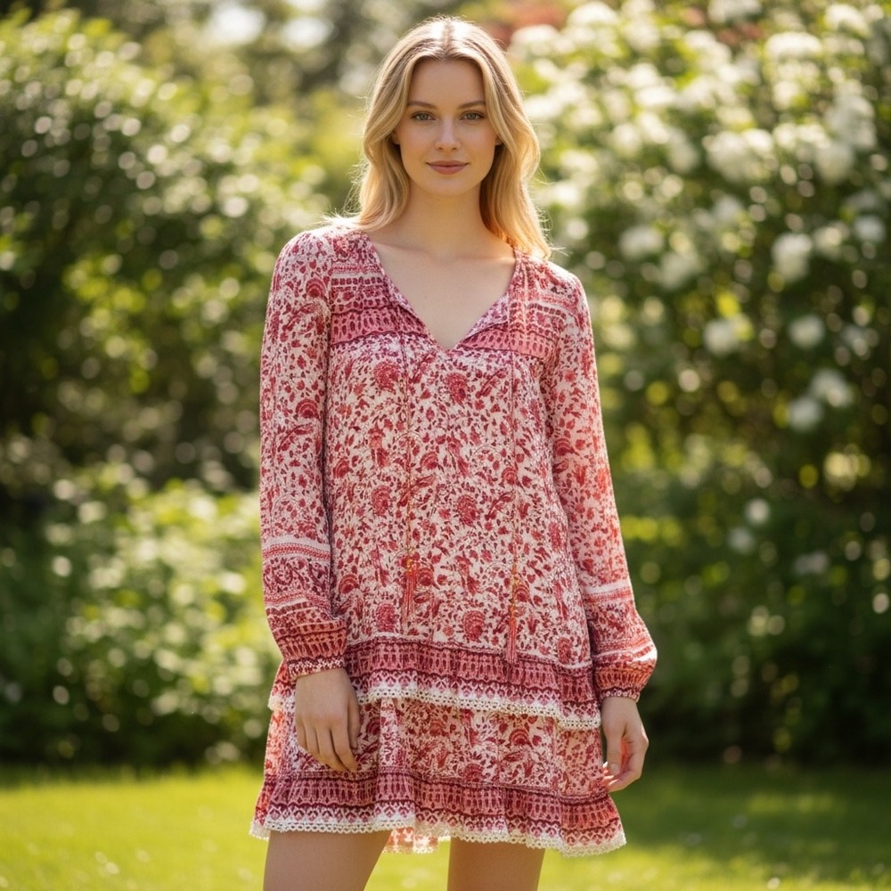 BELL Womens Red Pink Silk Cotton Floral Block Print Boho Mini Dress‎ Small